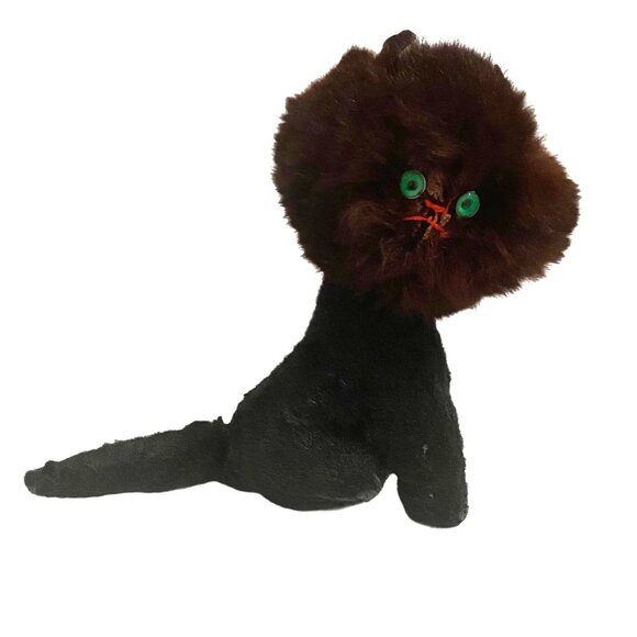 Vintage Other - Vtg Mid-Century Black Cat Plush Real Fur Fluffy Face Green Button Eyes 8”x9.5”